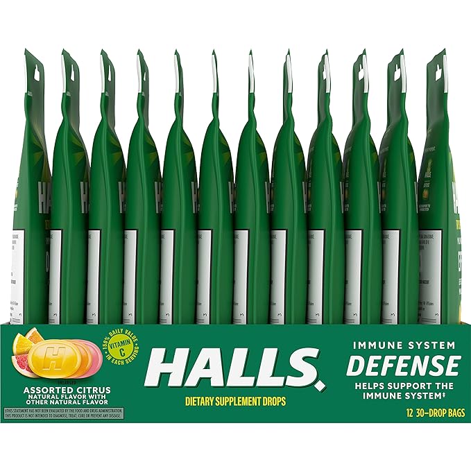 HALLS Defense Assorted Citrus Vitamin C Drops, Dietary Supplement Drops, 12 Bags of 30 Drops (360 Total Drops)