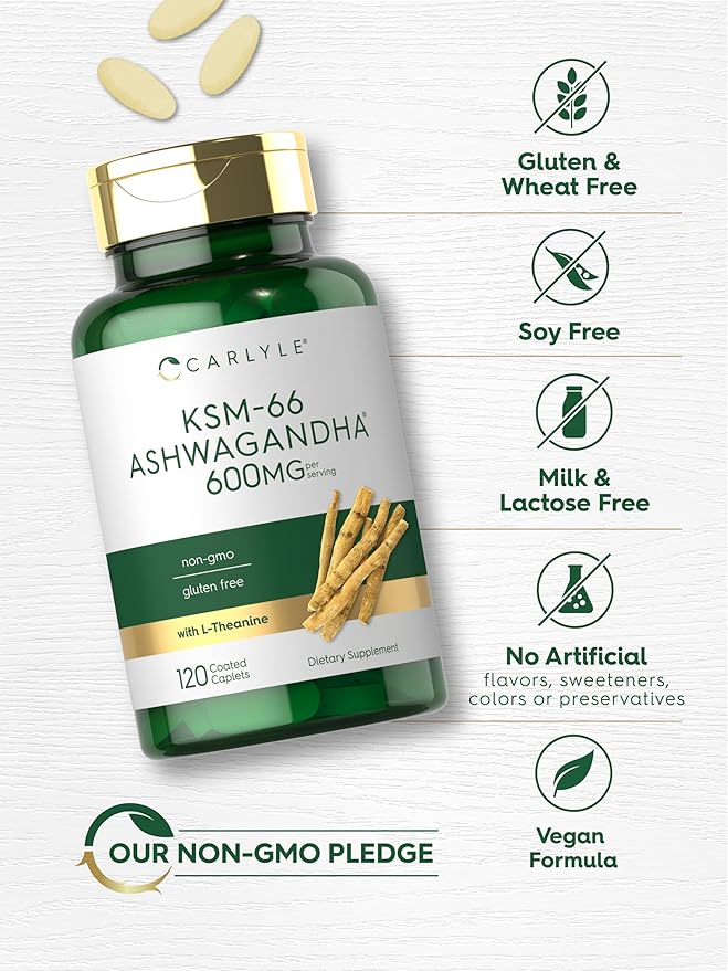 Carlyle KSM-66 Ashwagandha 600mg | 120 Caplets | Extract Supplement with L-Theanine | Vegan, Non-GMO, Gluten Free