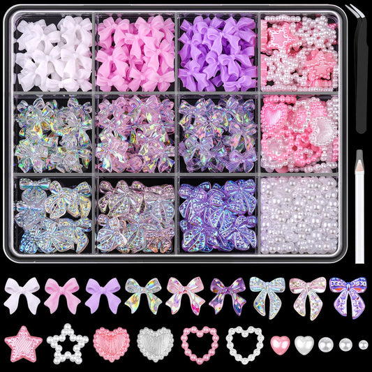 600 Pcs 3D Nail Charms and Flatback Pearls Set 12, 6 Colors Nail Bows Charm + Pink&White Star Heart Cute Nail Jewels + 2-4mm White Nail Pearls for Nail Art DIY Decoration with Pickup Tools