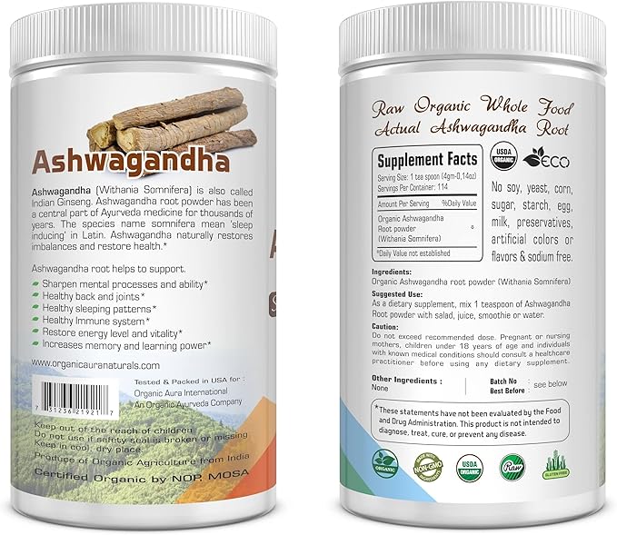 Certified Organic Ashwagandha Root Powder 16Oz -1Lb. Natural Stress, Brain and Immune Support. Enhances Overall Health. Raw Superfood. 100% Natural Herbal