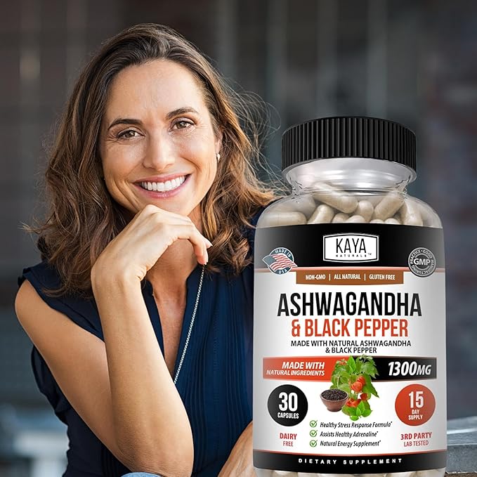 Kaya Naturals Ashwagandha Root with Black Pepper | Maximum Strength 1300mg Adaptogen Supplement, Support Adrenal, Glandular Health, Mood Relief, Focus, Energy & Vitality for Men & Women
