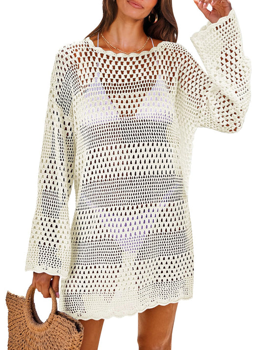 ANRABESS Women Swimsuit Crochet Swim Cover Up 2024 Summer Bathing Suit Swimwear Mesh Knit Beach Dress Vacation Outfits Cream White Small