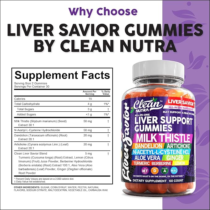 Clean Nutra Liver Cleanse Detox & Repair Gummies | Milk Thistle Gummy Liver Support Vitamins | Dandelion, Artichoke, Aloe Vera, Ginger, Berberine, Lemon, N-Acetyl-L-Cysteine, Turmeric Supplement HCL