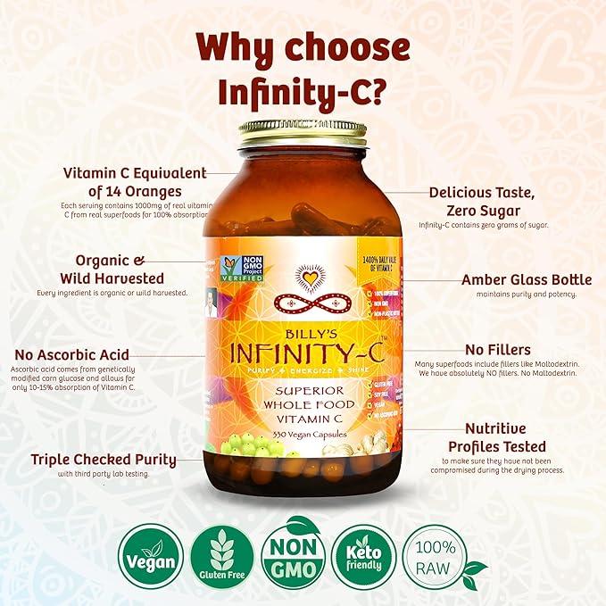 Infinity-C Organic Vitamin C Capsules, Bioavailable VIT C from Acerola, Camu Camu & Amla, Whole Food Vitamin C 1000mg, Immune Support Superfoods, Shilajit, Astragalus Root & Ginger (30 Servings)