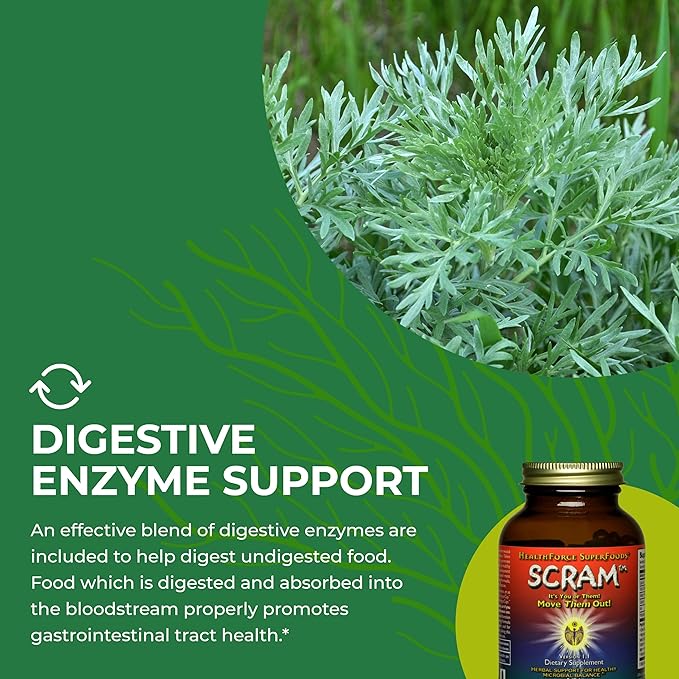 HealthForce SuperFoods Scram - Herbal Supplement with Milk Thistle, Wormwood & Black Walnut - Digestion Support Capsules - 150 Vegan Capsules