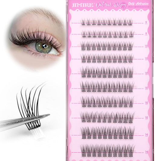 JIMIRE Self Adhesive Eyelashes Natural Look 9-14MM Wispy Pre Glued Lash Clusters No Glue Needed Press on Lashes Clusters Reusable Self Adhesive Eyelash Clusters Easy to Apply
