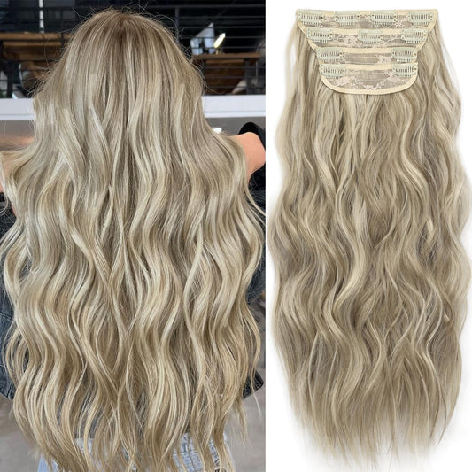 KooKaStyle Clip in Synthetic Highlight Hair Extensions Long Wavy 4PCS Thick Hairpieces Ash Brown mix Platinum Blonde Fiber Double Weft Natural Hair Extensions 20 Inch for Women