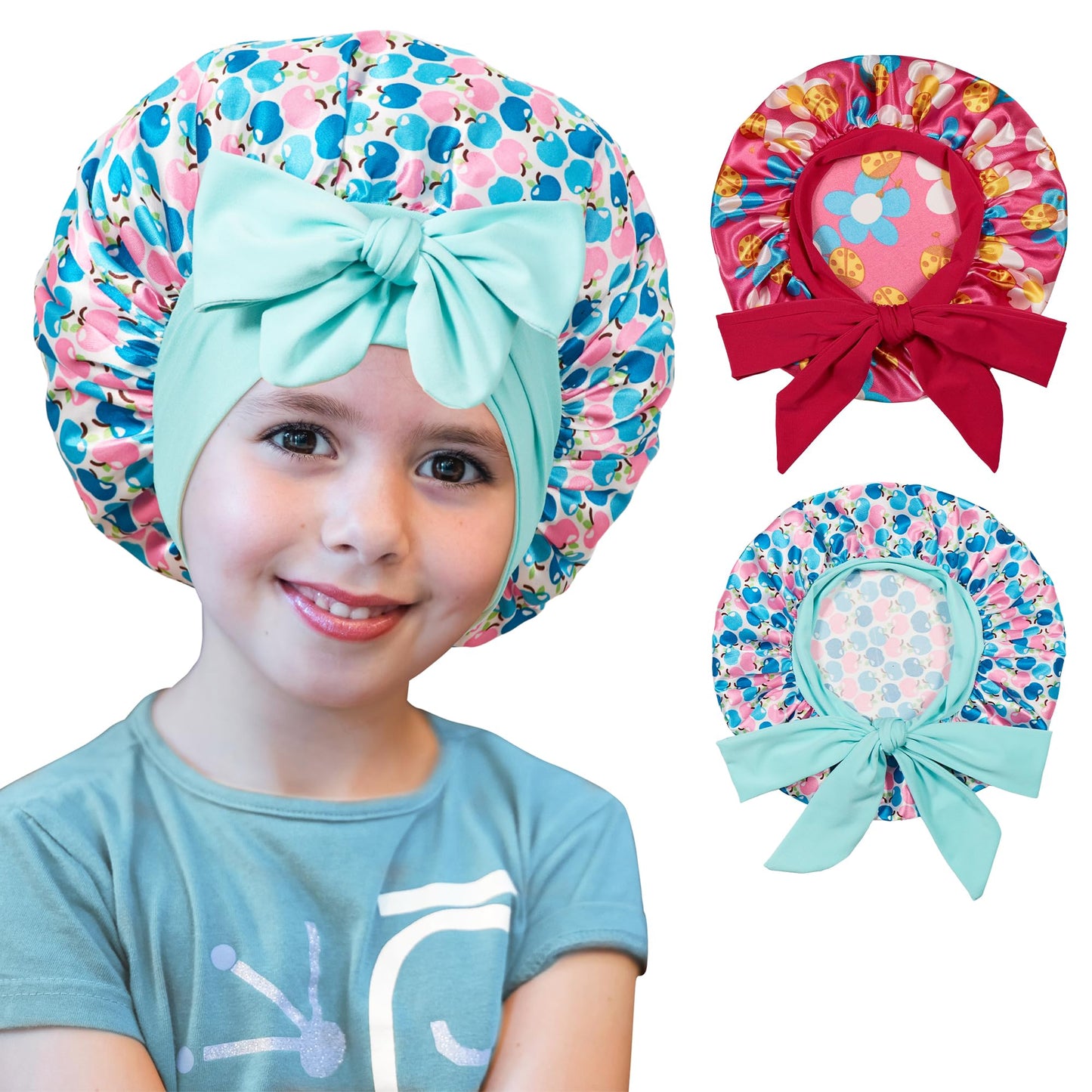 choshion 2 PCS Kids Bonnets for Girls, Silk Bonnet for Kids, Satin Silk Hair Bonnet for Sleeping with Tie Band, Baby Toddler Teens Child Sleep Cap for Curly Hair Braids