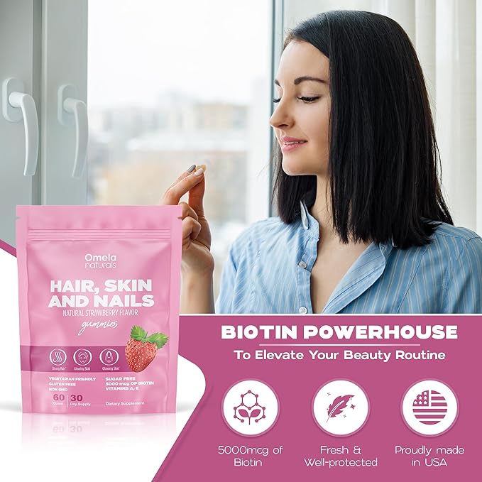 Hair, Skin and Nails Premium Gummies 60ct - Beauty Supplement with 5000mcg Biotin, Vitamins A, C, E, Zinc - Support Hair Growth, Healthy Skin & Strong Nails