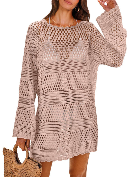 ANRABESS Women Swimsuit Crochet Swim Cover Up 2024 Summer Bathing Suit Swimwear Mesh Knit Beach Dress Vacation Outfits Pink Small