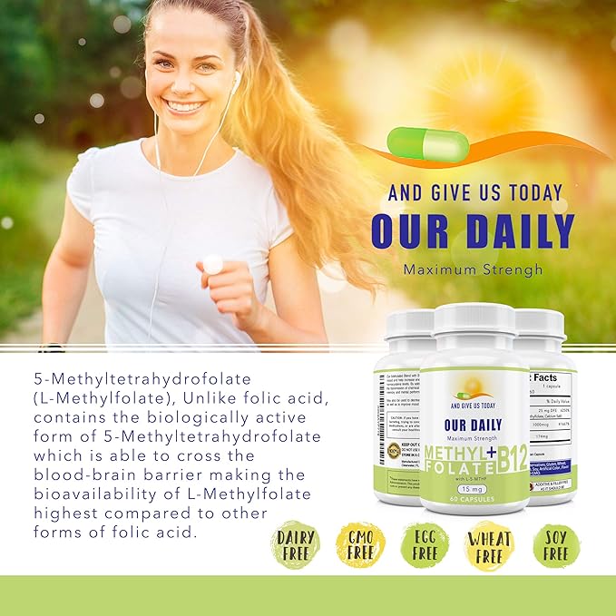 L-Methylfolate 15 mg + B 12 (1000 mcg) - 60 Capsules - Methylated & Glycine - Boost Mood, Energy & Memory - Immune Support & Vitamin Supplement for Men & Women - Non-GMO, Vegetarian Capsules