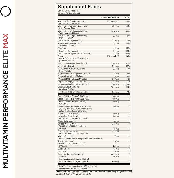 Codeage Multivitamin Performance Elite Max Supplement - Vitamins A, B6, B12, C, D, E, Vitamin K (MK-4, MK-6, MK-7, MK-9), Essential Minerals, Botanical & Grass-Fed Organ Extracts, Lutein - 90 Capsules