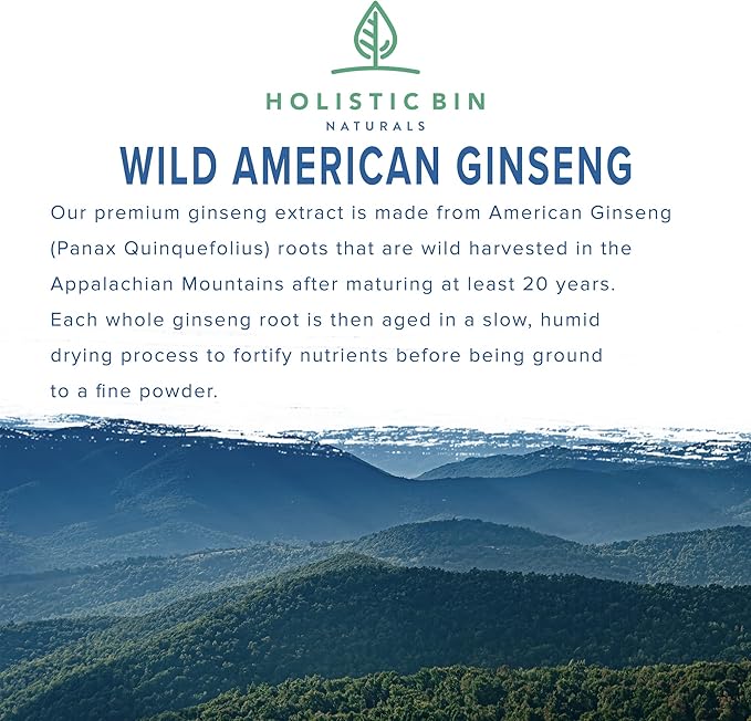 Holistic Bin Wild American Ginseng Powder Pure Organic Ginseng Supplement Made with Wild Harvested 20+ Year Old Roots from Appalachia (Panax Quinquefolius) | No Fillers or Additives (25 Grams)