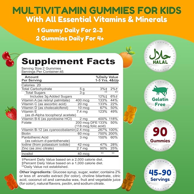 Halal Kids Multivitamin Gummies, 45-90 Days Supply, with All Essential Kids Vitamins. Toddler Vitamins with Vitamin C, D, Zinc, A, E, B6, B12, Biotin | Halal Gummy Vitamins for Kids