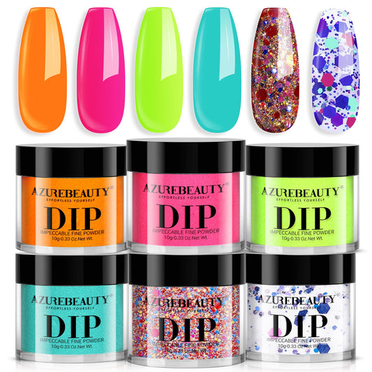 AZUREBEAUTY Orange Fluorescent Blue Green Dip Powder Nail Set, 6 Spring Summer Colors Dipping Starter Kit French Art Manicure DIY Mother's Gift for Women, No Need Lamp Cured