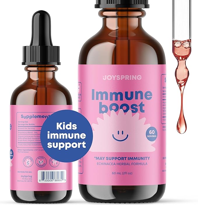 JoySpring Immune Drops - Kids Immune Support Liquid Supplement (2 fl oz) - Echinacea, Elderberry, Oregon Grape Root, Orange Peel, Vitamins A, B6, C - Natural Support System for Children & Adults