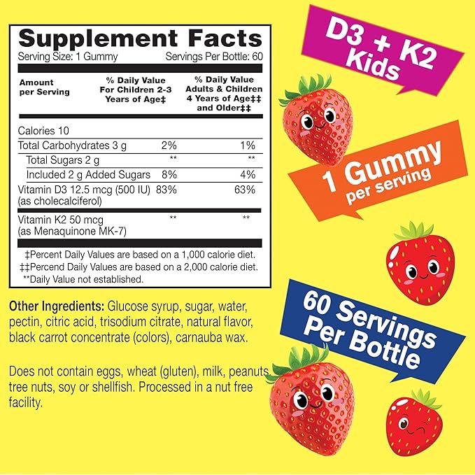 Calcium + Vitamin D3 Kids + Vitamin D3+K2 Kids, Gummies Bundle - Great Tasting, Vitamin Supplement, Gluten Free, GMO Free, Chewable Gummy
