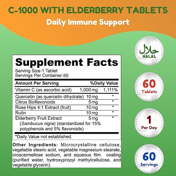 Halal Vitamin C-1000mg Tablets, 60 Days Supply. Immune Support Supplement with Vitamin C, Elderberry, Quercetin, Rose HIPS & Rutin. Vegetarian, Non-GMO, Sugar Free & Keto Friendly