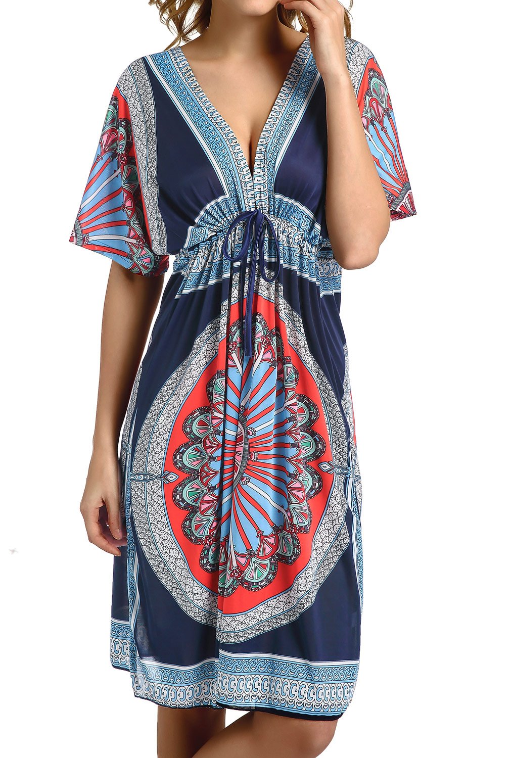 CHERRY CAT Colorful Cut Loose Swimsuit Cover-ups Swim Cover Ups Plus Size Clothing Beach Dress (Navy)