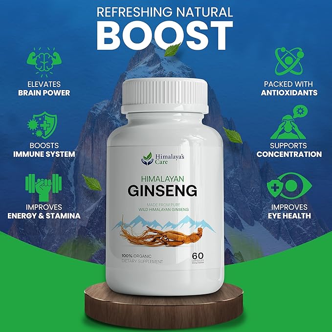 Himalaya's Care Panax Ginseng Supplement 1000mg - 60 Vegan Capsules - Korean Red Ginseng Extract Root Powder Pills for Men and Women - for Natural Energy, Focus, Immune Support, Vitality & Stamina