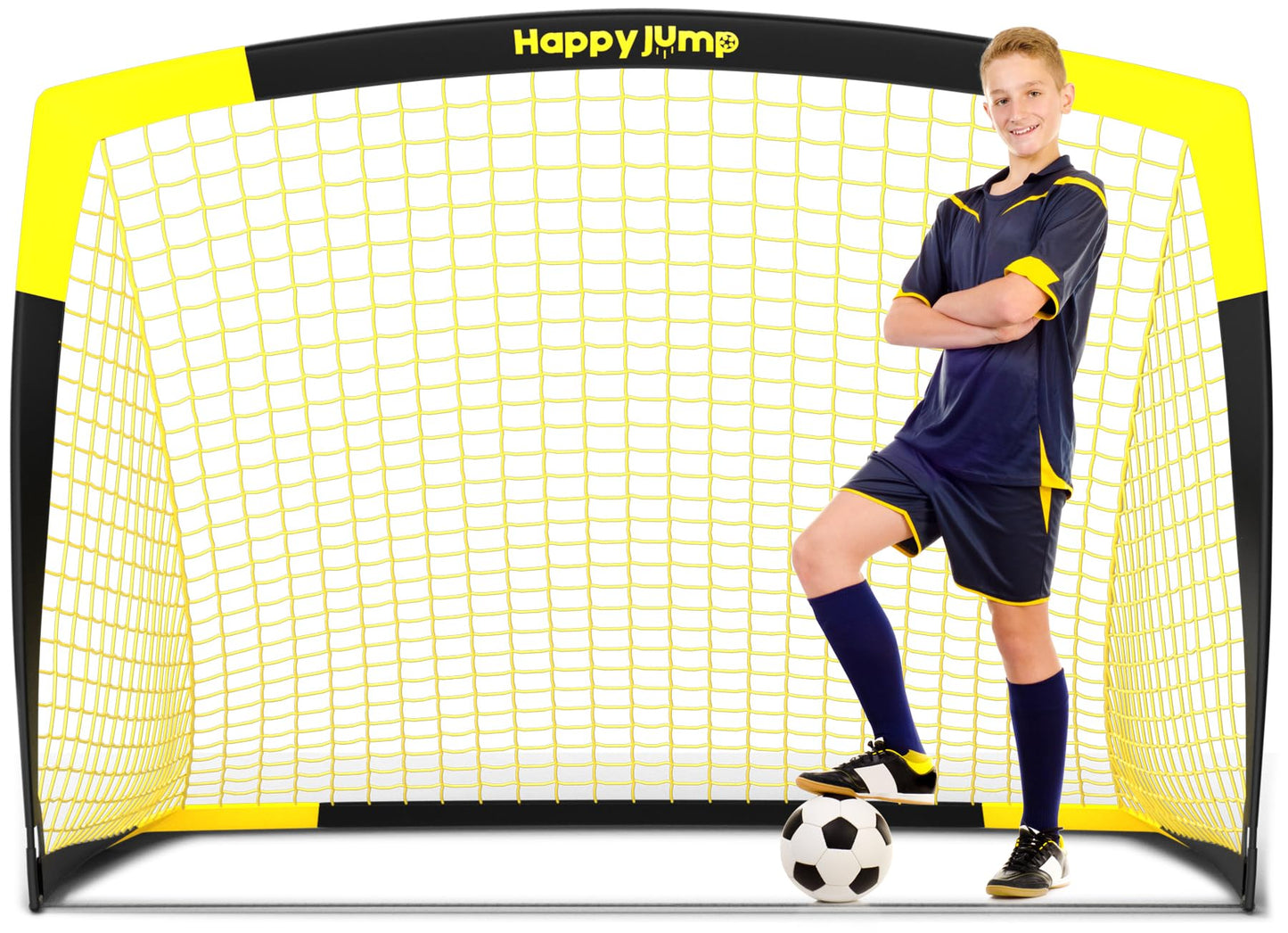 Happy Jump 100009 Soccer Goal, 7'x5'x5', Fiberglass, Alloy Steel, Black+Yellow, For Kids, Portable, Indoor & Outdoor Use