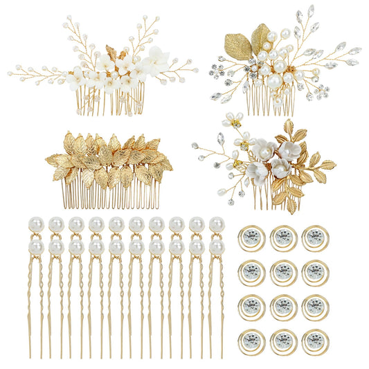 inSowni 36 Pack Gold Flower Leaf Bridal Wedding Hair Side Combs+U-shaped Pearl Hair Pins+Spiral Twist Rhinestone Hair Clips Barrettes Prom Headpieces Accessories for Brides Bridesmaids Women Girls
