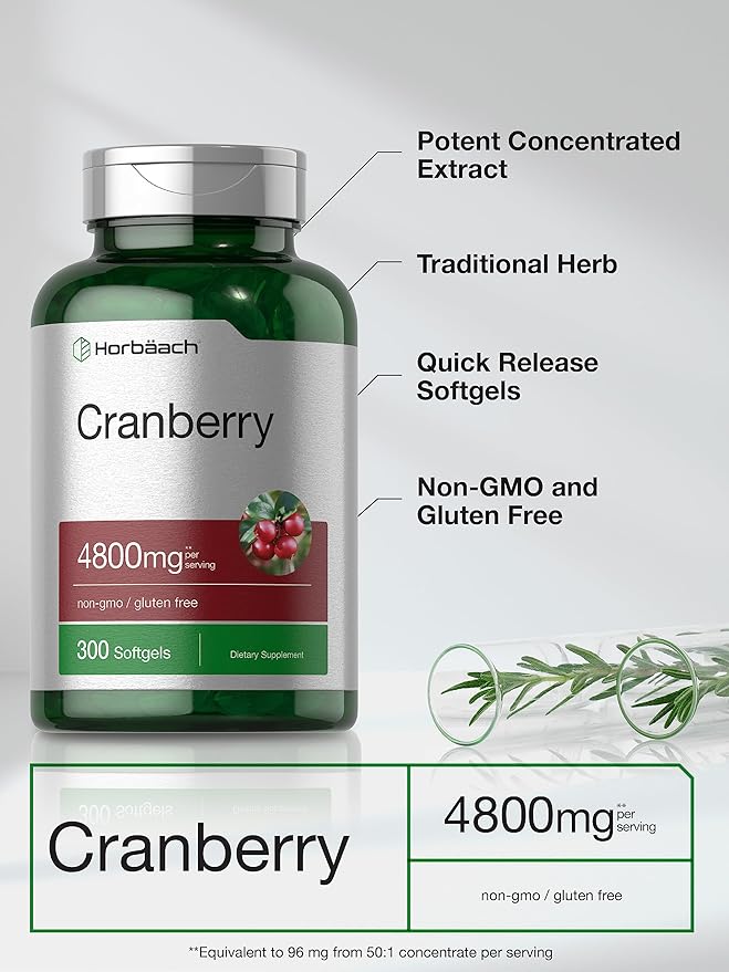 Horbäach Cranberry Pills for Women and Men 4800mg | 300 Softgels | Non-GMO, Gluten Free Supplement | from Concentrate Extract