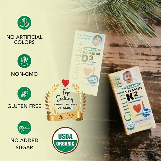 CHILDLIFE Essentials Organic Vitamin K2 Drops - Infant Toddler Baby Vitamin K, K2 Supplement, Vitamin K2 MK7, Liquid K2, Vitamin K Drops - Natural Berry Flavor, 0.25 Fl Oz (Pack of 1)