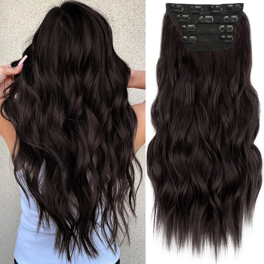 KooKaStyle Clip in Long Wavy Synthetic Hair Extension 20 Inch 4PCS Dark Brown Hairpieces Fiber Thick Double Weft Hair Extension for Women
