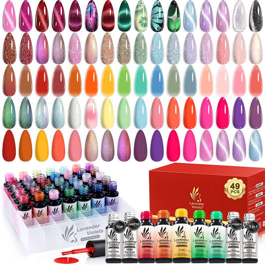 Lavender Violets 49 PCS Gel Nail Polish Set, 45 Colors Cat Eye Reflective Glitter Gel Polish with Nail Primer, Base Coat, Glossy & Matte Top Coat Jelly Nude Red Brown Gifts for Women