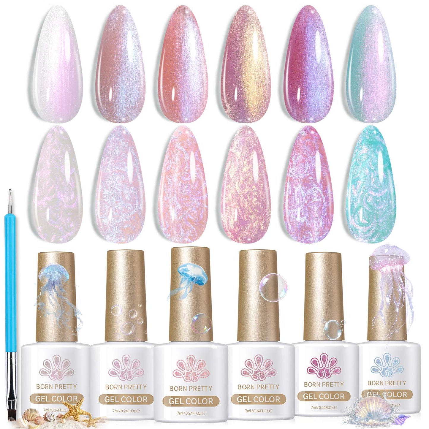 Born Pretty Pearl Gel Nail Polish Aurora Iridescent Glitter Shimmer Mermaid Pearl Gel Polish Drawing Gel Nail Polish Shell Swirl Thread Effect Nail Gel Soak Off Led Summer DIY Gift 6PCS