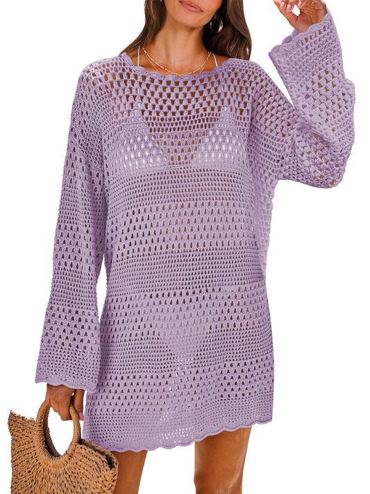ANRABESS Women Swimsuit Crochet Swim Cover Up 2024 Summer Bathing Suit Swimwear Mesh Knit Beach Dress Vacation Outfits Light Purple Small