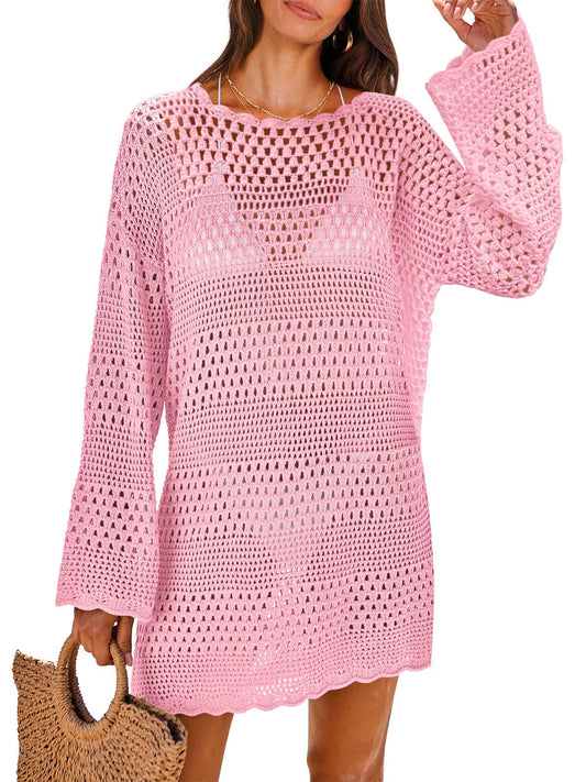 ANRABESS Women Swimsuit Crochet Swim Cover Up 2024 Summer Bathing Suit Swimwear Mesh Knit Beach Dress Vacation Outfits Light Pink Large