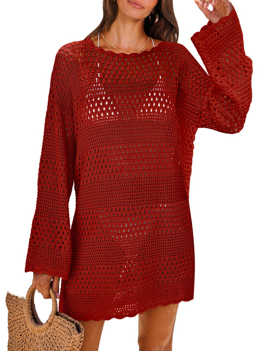 ANRABESS Women Swimsuit Crochet Swim Cover Up 2024 Summer Bathing Suit Swimwear Mesh Knit Beach Dress Vacation Outfits Burgundy Small