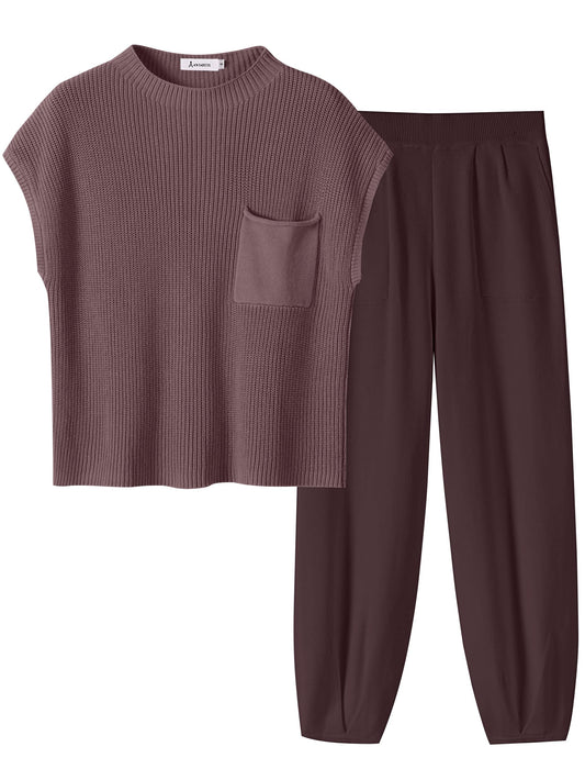 ANRABESS Women's Two Piece Outfits Knit Sweater Pullover Crop Top & Pants Lounge Matching Tracksuit Sweatsuit Sets 2024 Trendy Loungewear Clothes Nutmeg X-Small