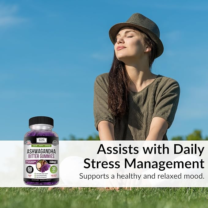 Kaya Naturals Ashwagandha Bitter Gummies - Natural Stress Relief, Boost Energy & Mental Clarity, Non-GMO, Gluten-Free, Chewable Gummies - 60 Count