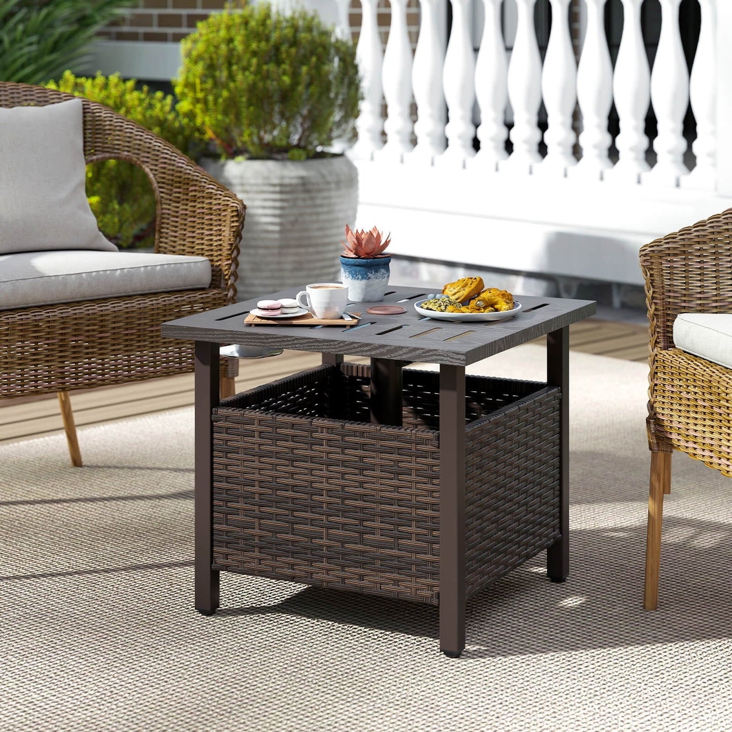 Costway Outdoor Side Table with 1.93" Umbrella Hole Zinc-iron Alloy Tabletop for Poolside