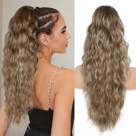 26 inch Drawstring Ponytail Extension for Women, Wavy Pony Tails Hair Extensions, Synthetic Hair Extensions Ponytail for Daily Use (Medium Brown Highlighted Blonde)