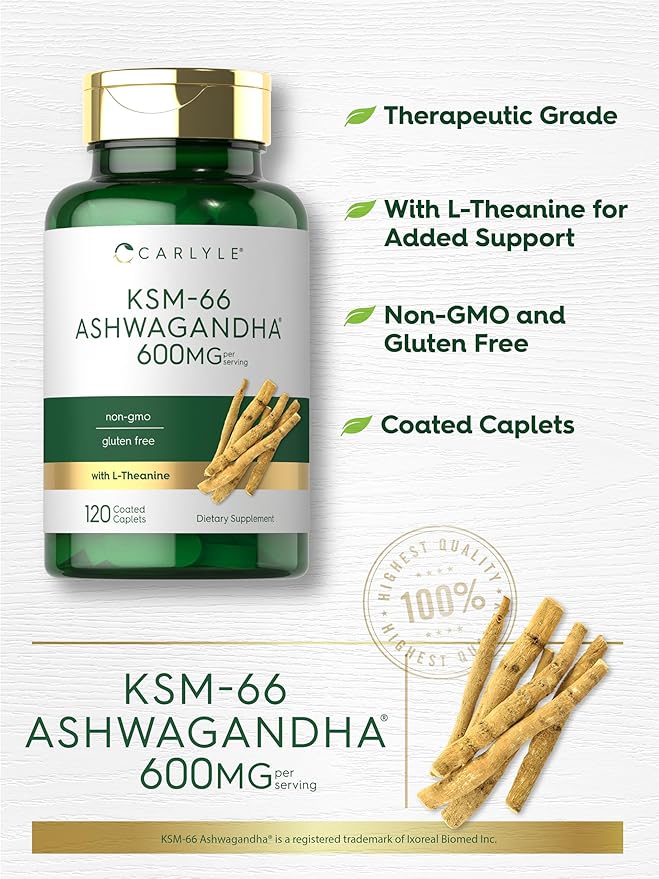 Carlyle KSM-66 Ashwagandha 600mg | 120 Caplets | Extract Supplement with L-Theanine | Vegan, Non-GMO, Gluten Free