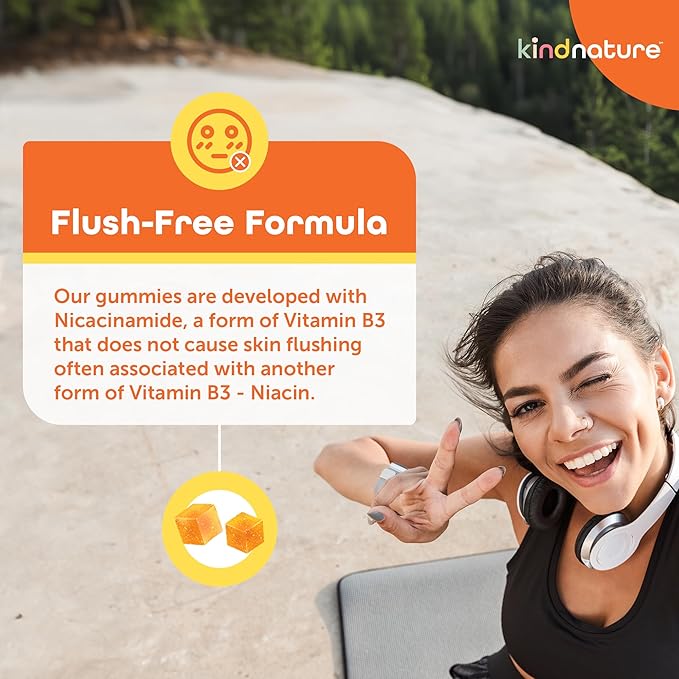 Kind Nature Vitamin B3 Niacin Gummies - Flush Free Niacinamide 500mg Supplement - Vegan, Non-GMO, Low-Calorie, Gluten-Free, Soy-Fee, 3rd Party Lab Tested - 1 Month Supply, 90 Chewable Gummies