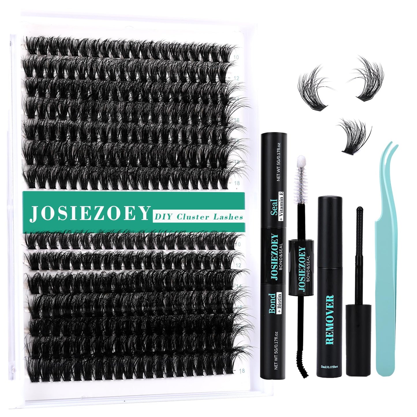JOSIEZOEY DIY Lash Extension Kit 50D+60D Fluffy Lash Clusters Kit with 10-18MM Individual Lashes Cluster Lash Bond and Seal Remover Tweezers for DIY Eyelash Extension at Home(KIT-50D+60D-280Pcs)