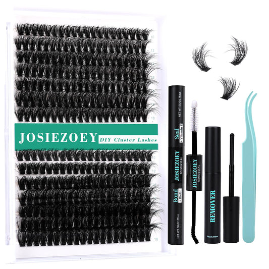 JOSIEZOEY DIY Lash Extension Kit 50D+60D Fluffy Lash Clusters Kit with 10-18MM Individual Lashes Cluster Lash Bond and Seal Remover Tweezers for DIY Eyelash Extension at Home(KIT-50D+60D-280Pcs)