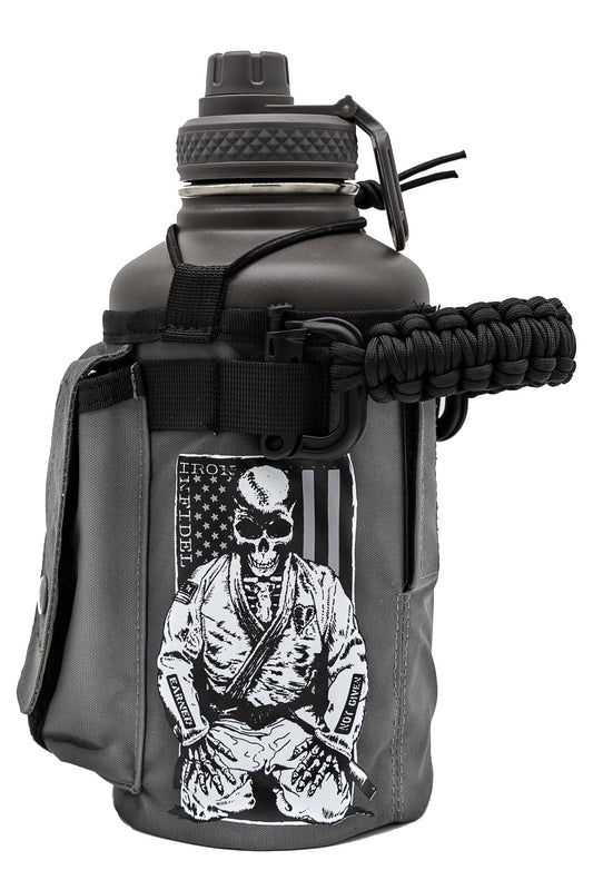 Iron Infidel Battle Bottle - Half Gallon Water Bottle Insulated, 64 oz Stainless Steel Water Jug with Handle - Gym Water Bottle for Men with Rugged Sleeve for Storage (Earned, Not Given 2 Liter)