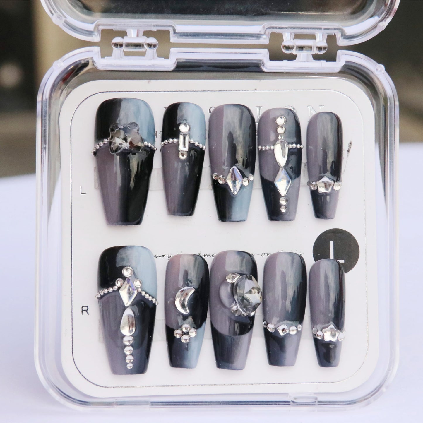 CAMILCY Handmade Nails Press on Coffin Armor Gradient Black Crystal Design Hand Painted Reusable Gel UV Finished Pre Shaped False Nails for Women 10Pcs 3D Handmade Nails (A011 L)