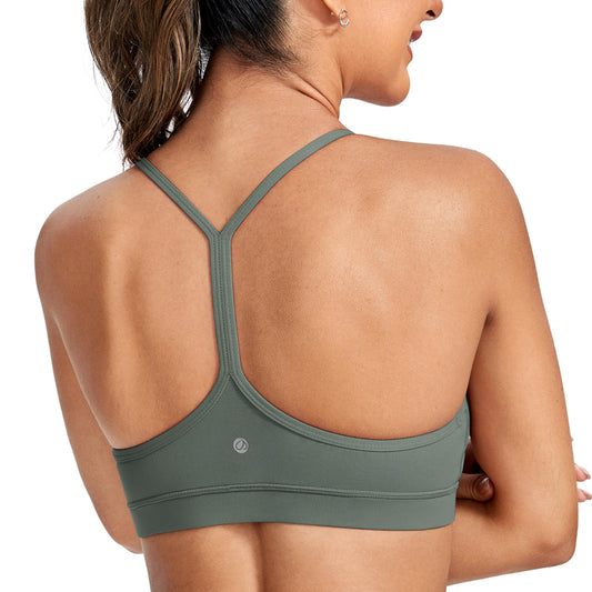CRZ YOGA Butterluxe Womens Y Back Sports Bra - Padded Racerback Low impact Spaghetti Thin Strap Workout Yoga Bra Grey Sage X-Small