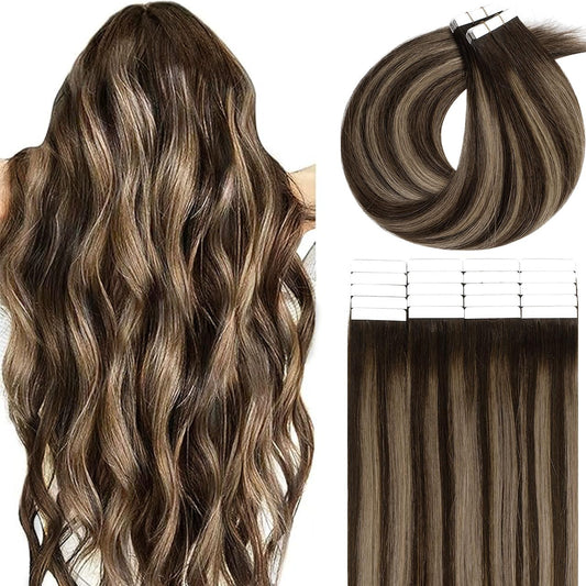 Lacer Natural Hair Remy Tape In Human Hair Extensions Straight Seamless Tape In Hair Extensions Rooted Dark Brown To Chestnut Brown Highlight Tape Ins Hair Extensions For Thin Hair 22inch 100G 40Pcs