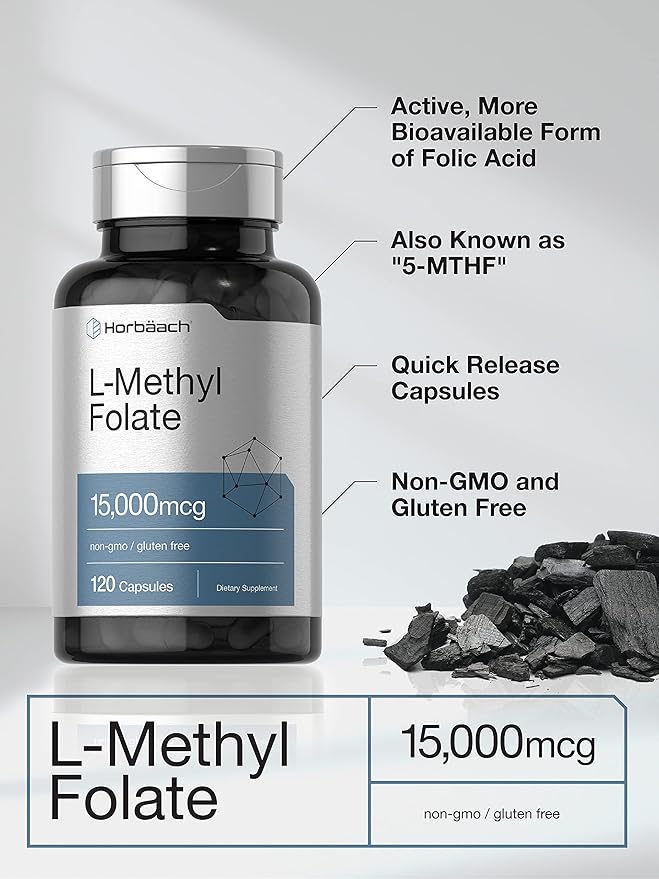 Horbäach L Methylfolate 15000 mcg | 120 Capsules | 15mg Methyl Folate | 5-MTHF | Non-GMO, Gluten Free Supplement