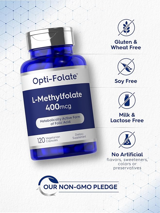 Carlyle L Methylfolate 400mcg | 120 Capsules | Vegetarian | Non-GMO, Gluten Free | Optimized and Activated Methyl Folate | by Opti-Folate