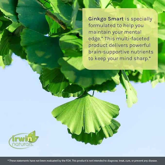 Irwin Naturals Ginkgo Smart Powerful Nootropic Brain Booster - Supports Maximum Memory, Focus & Mental Clarity with DMAE, Clubmoss, Choline & Acetyl L-Carnitine - 120 Liquid Softgels