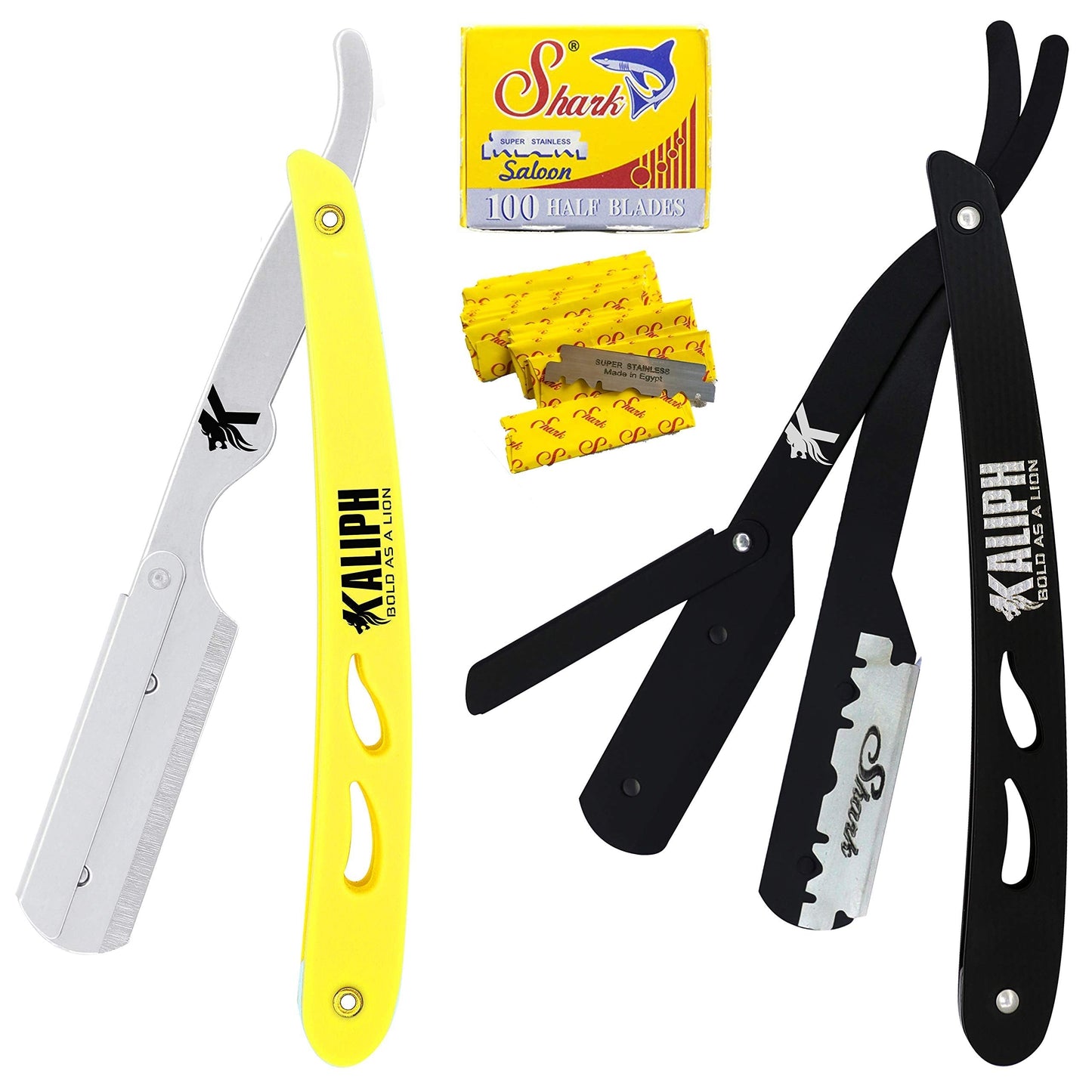 Kaliph Professional Barber Straight Razor For Men - Premium Pack of 2Pcs Shavette Straight Razor With 100 Shaving Blades - Salon Quality Men's Manual Cut Throat Razor For Close Shaving (Black & Yellow
